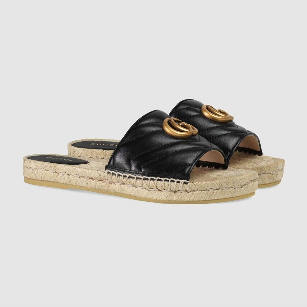 Gucci Black Leather Sandals with Gold Logo